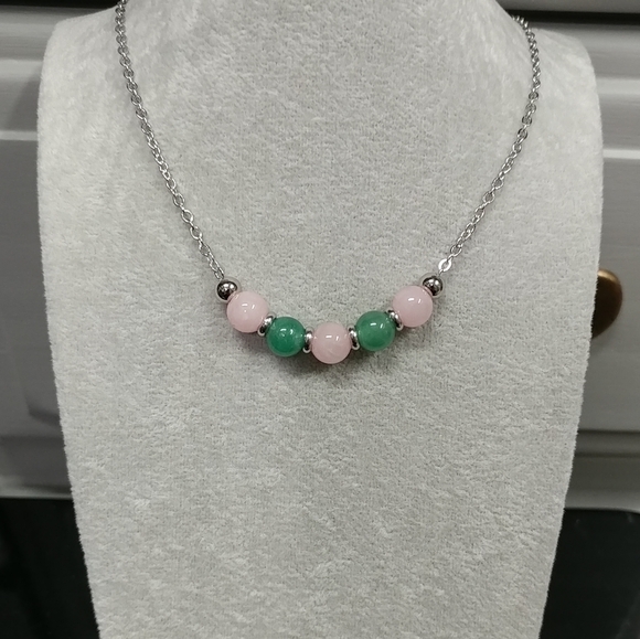 Rose Quartz Aventurine Beaded Necklace Natural Gemstone Crystal Stainless-Steel - Picture 9 of 14